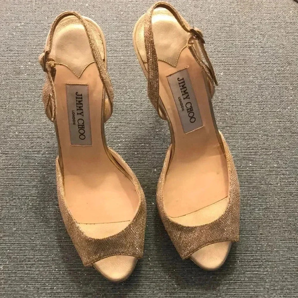 𝅺JIMMY Choo Gold platform Sling Back Heels 7 - Picture 1 of 6